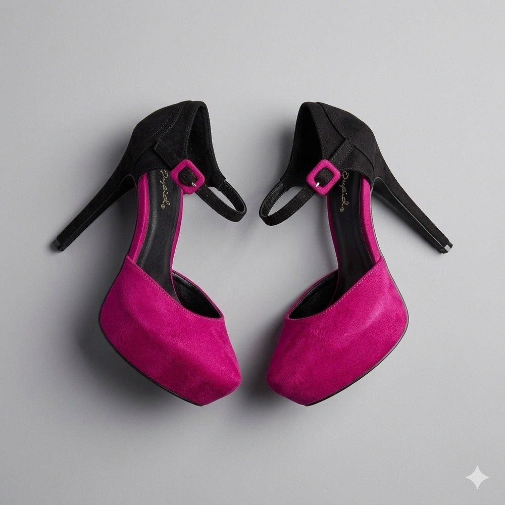 Qupid Fuchsia Pink & Black‎ Suede Platform Heels Sz8 Ankle Strap Stiletto Pumps